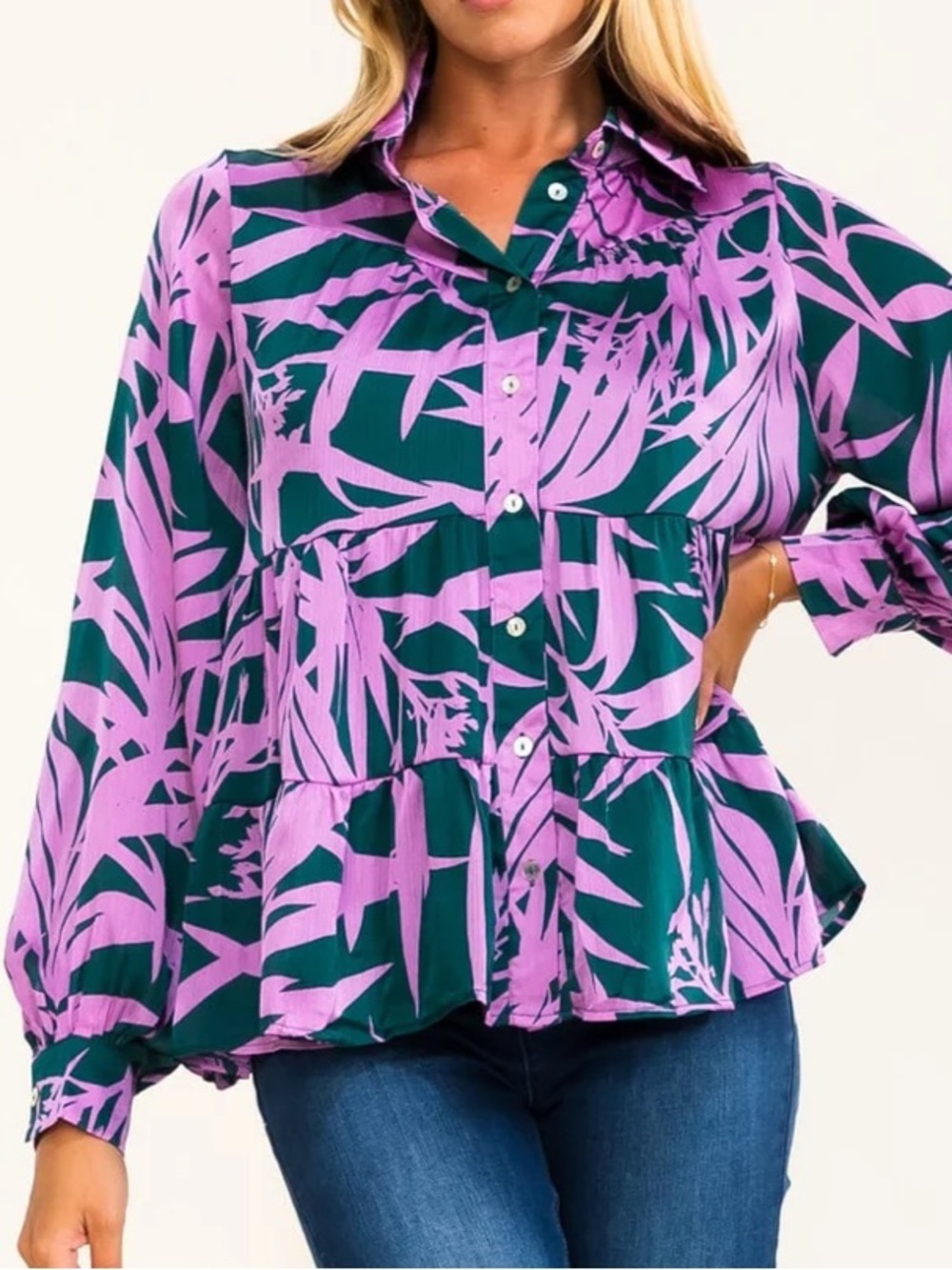 T203 Entro Long Sleeve Button Closure Tiered Flowy Dull Satin Blouse Purple Teal